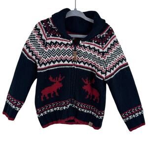 Canadiana Canada Navy Moose Full Zip Collared Wool Blend Sweater Toddler 3T